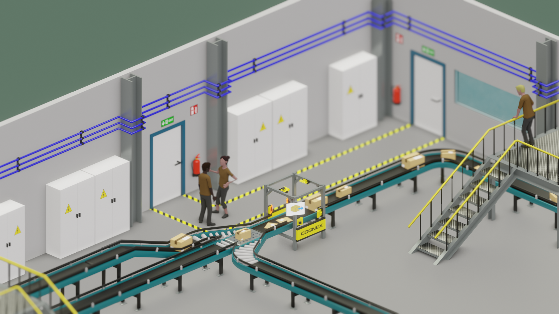 Eine 3D-Darstellung einer Fabrik mit Fördersystem und Cognex-Technologie.